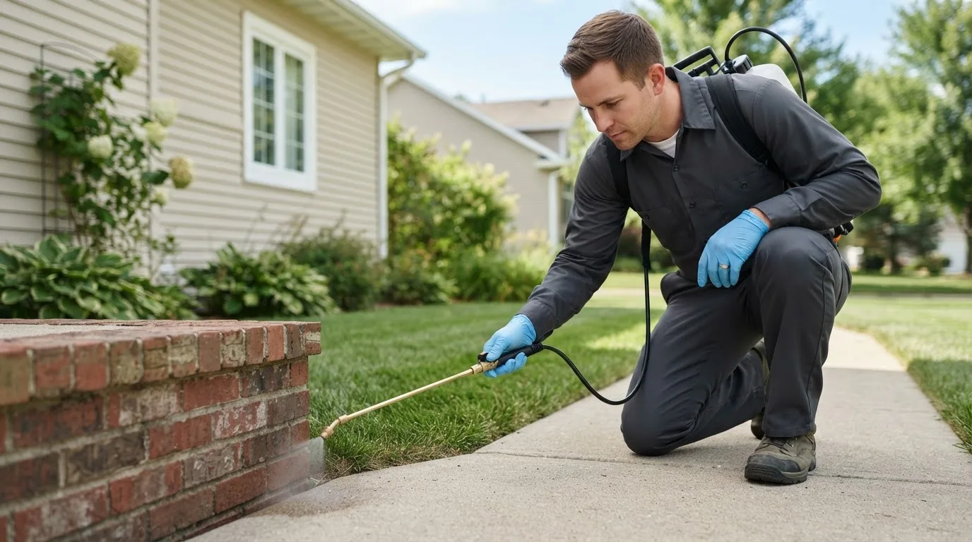 Pest control technician treating a home near Newburg, ND