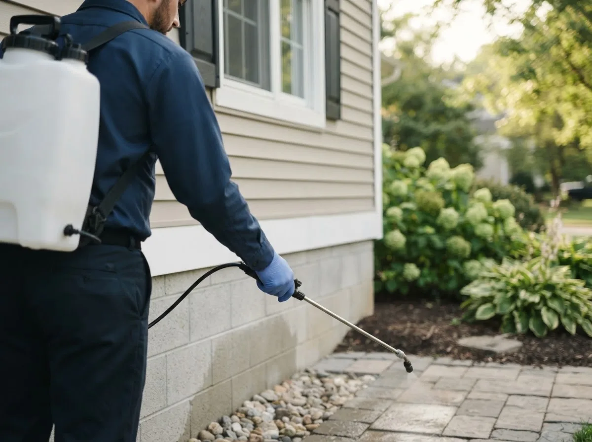 Pest control technician inspecting a home in Newburg, ND